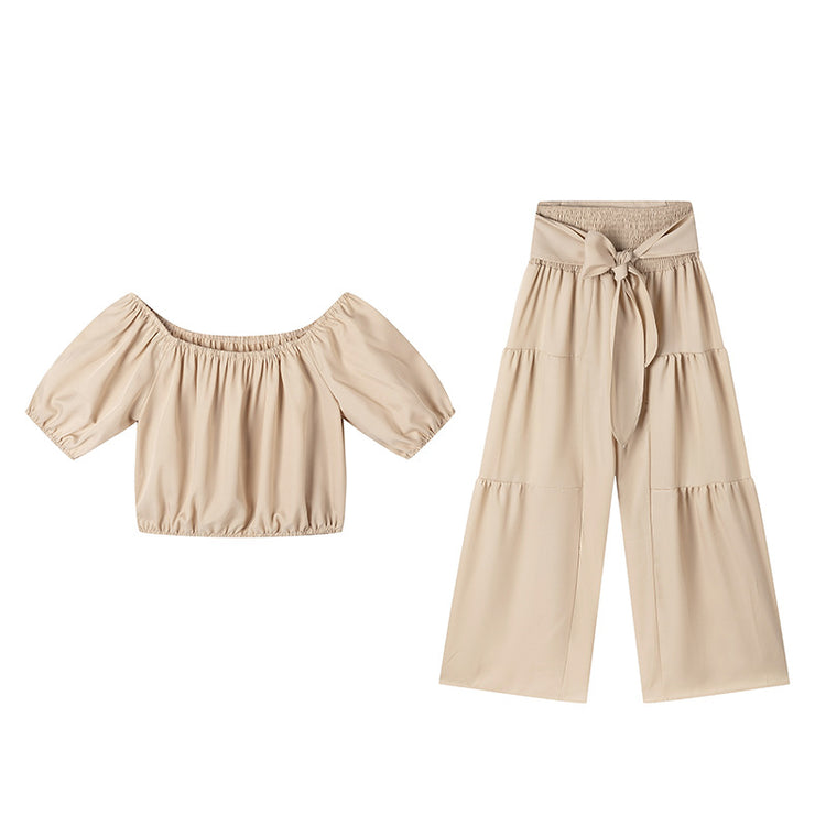 High-waisted Solid-color Flared Pants With Tie Detailing