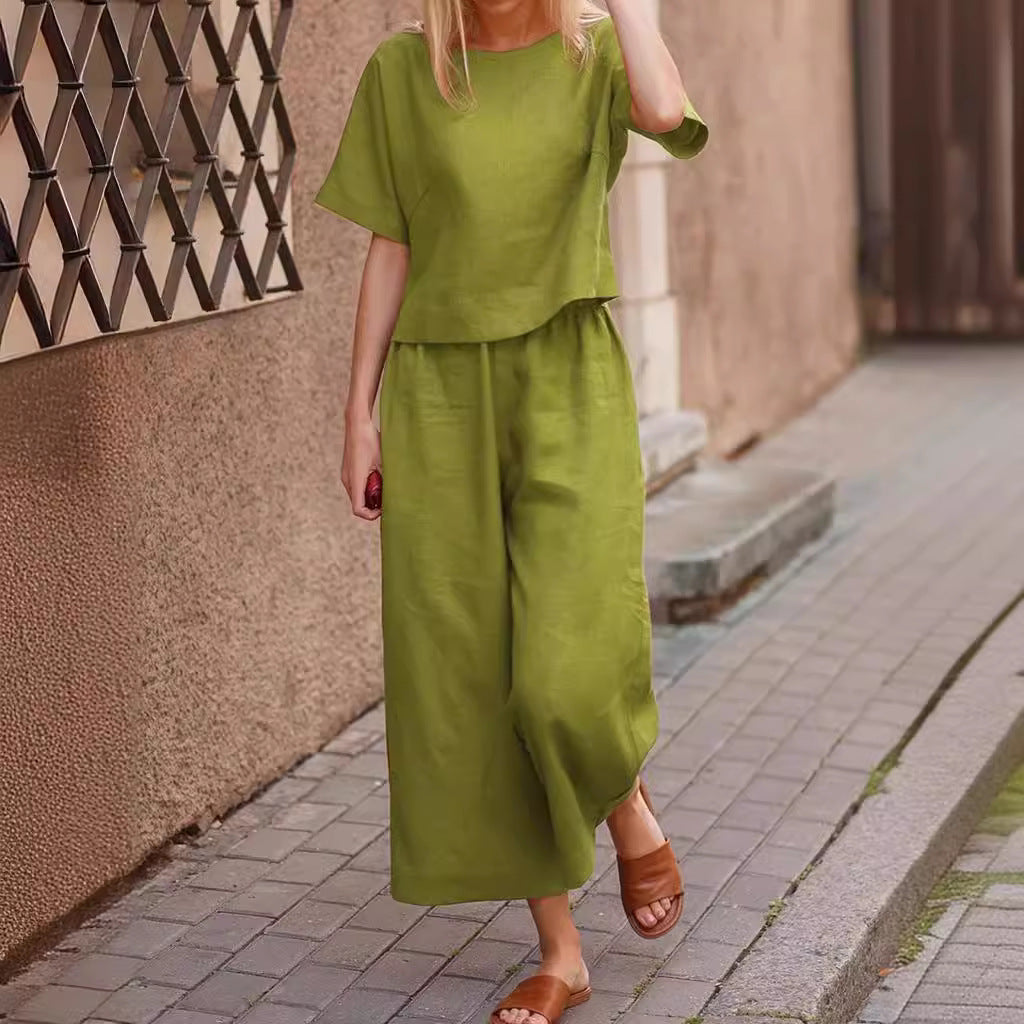 Womens Loose Solid-Colored Shirt And Pants Two-Piece Set