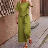 Womens Loose Solid-Colored Shirt And Pants Two-Piece Set