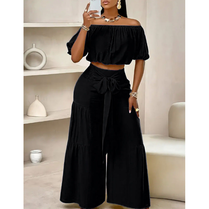 High-waisted Solid-color Flared Pants With Tie Detailing