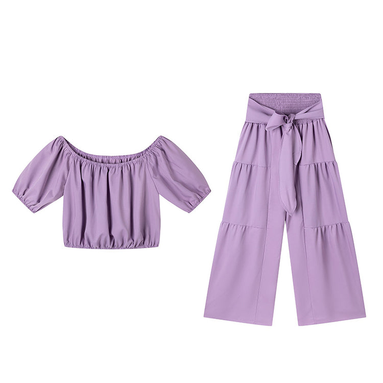 High-waisted Solid-color Flared Pants With Tie Detailing