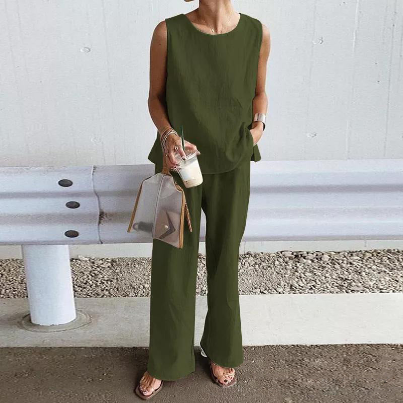 Womens Loose Solid-Colored Shirt And Pants Two-Piece Set