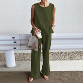 Womens Loose Solid-Colored Shirt And Pants Two-Piece Set