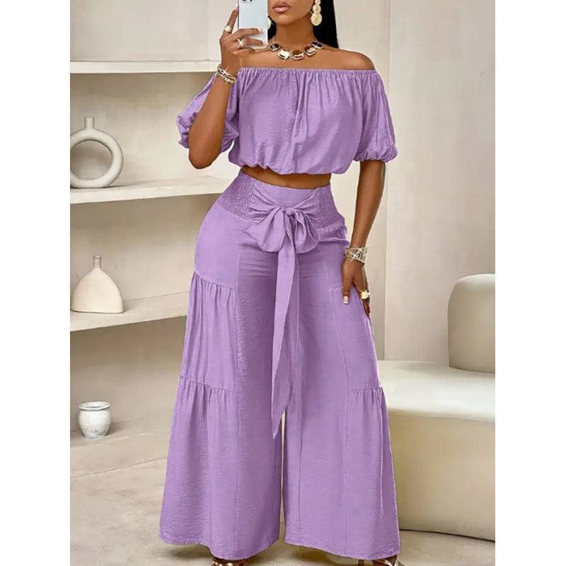 High-waisted Solid-color Flared Pants With Tie Detailing