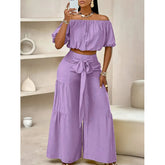High-waisted Solid-color Flared Pants With Tie Detailing