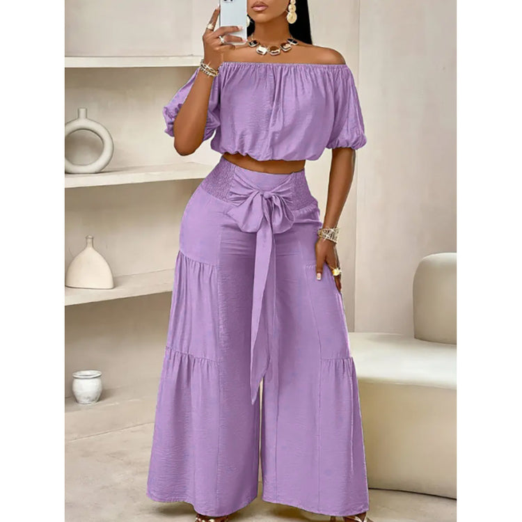 High-waisted Solid-color Flared Pants With Tie Detailing