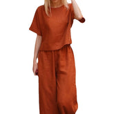 Womens Loose Solid-Colored Shirt And Pants Two-Piece Set