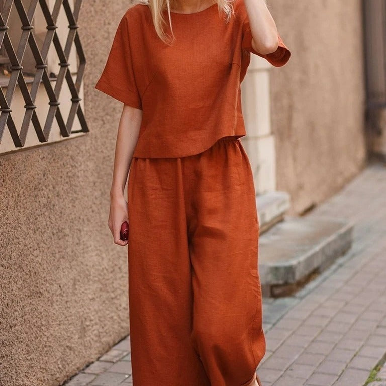 Womens Loose Solid-Colored Shirt And Pants Two-Piece Set