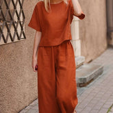 Womens Loose Solid-Colored Shirt And Pants Two-Piece Set