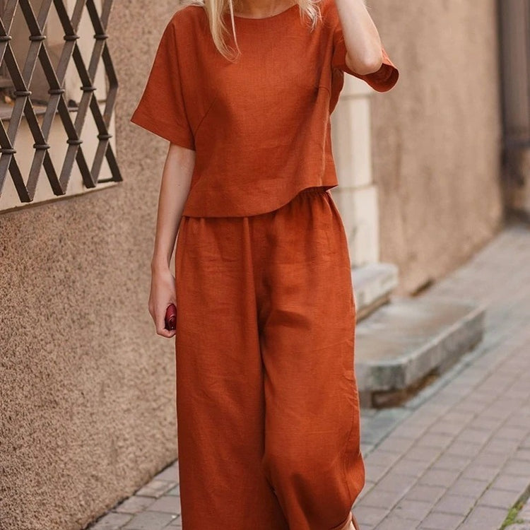 Womens Loose Solid-Colored Shirt And Pants Two-Piece Set