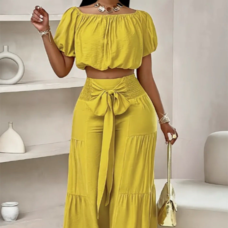 High-waisted Solid-color Flared Pants With Tie Detailing