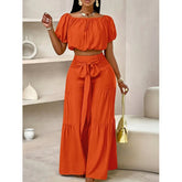 High-waisted Solid-color Flared Pants With Tie Detailing