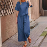 Womens Loose Solid-Colored Shirt And Pants Two-Piece Set