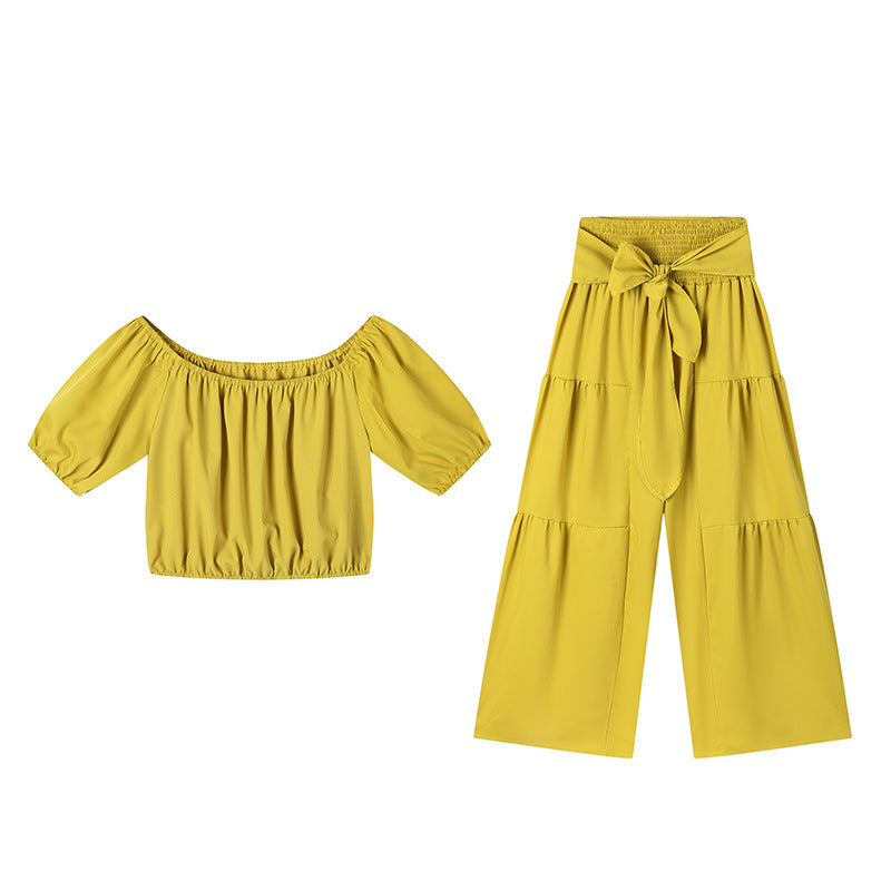 High-waisted Solid-color Flared Pants With Tie Detailing