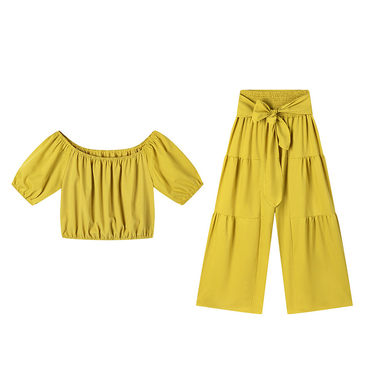 High-waisted Solid-color Flared Pants With Tie Detailing