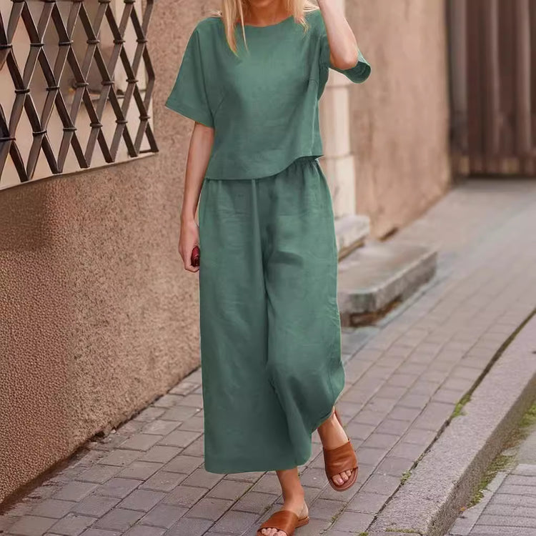 Womens Loose Solid-Colored Shirt And Pants Two-Piece Set