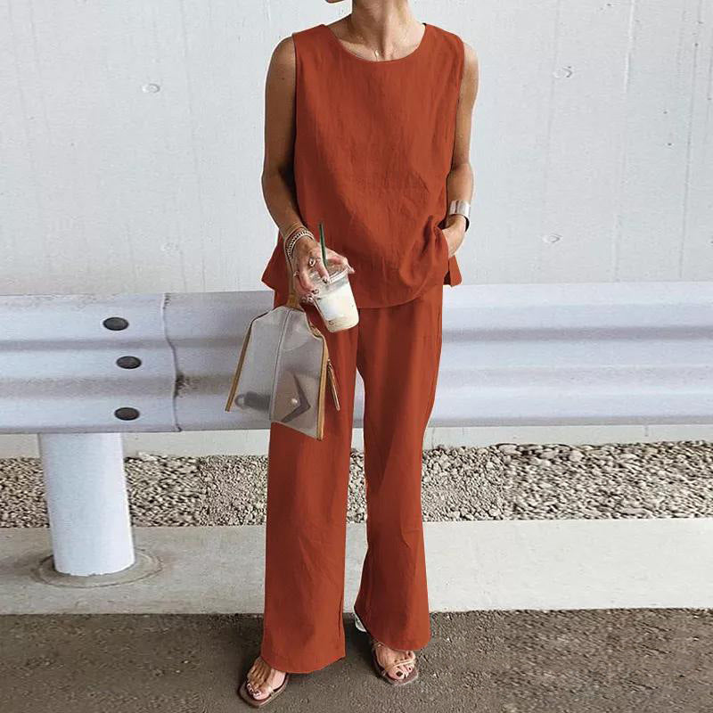 Womens Loose Solid-Colored Shirt And Pants Two-Piece Set