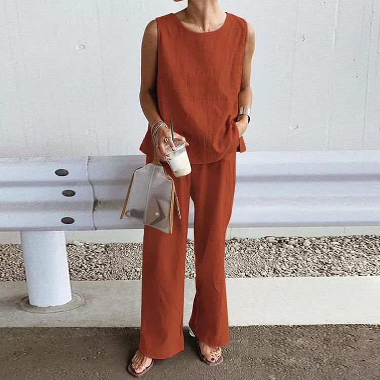 Womens Loose Solid-Colored Shirt And Pants Two-Piece Set