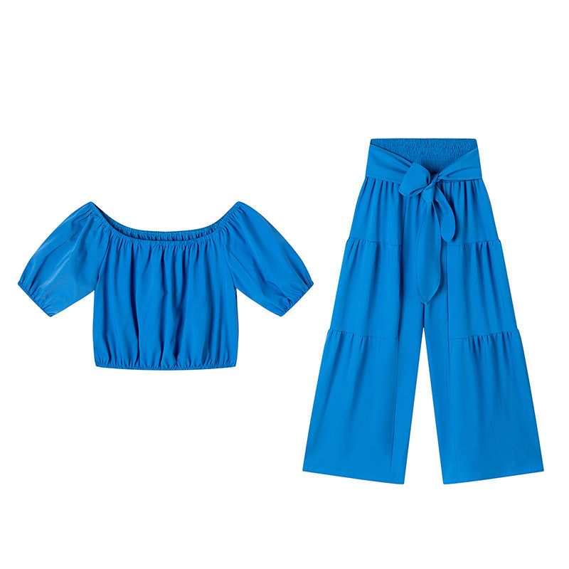 High-waisted Solid-color Flared Pants With Tie Detailing