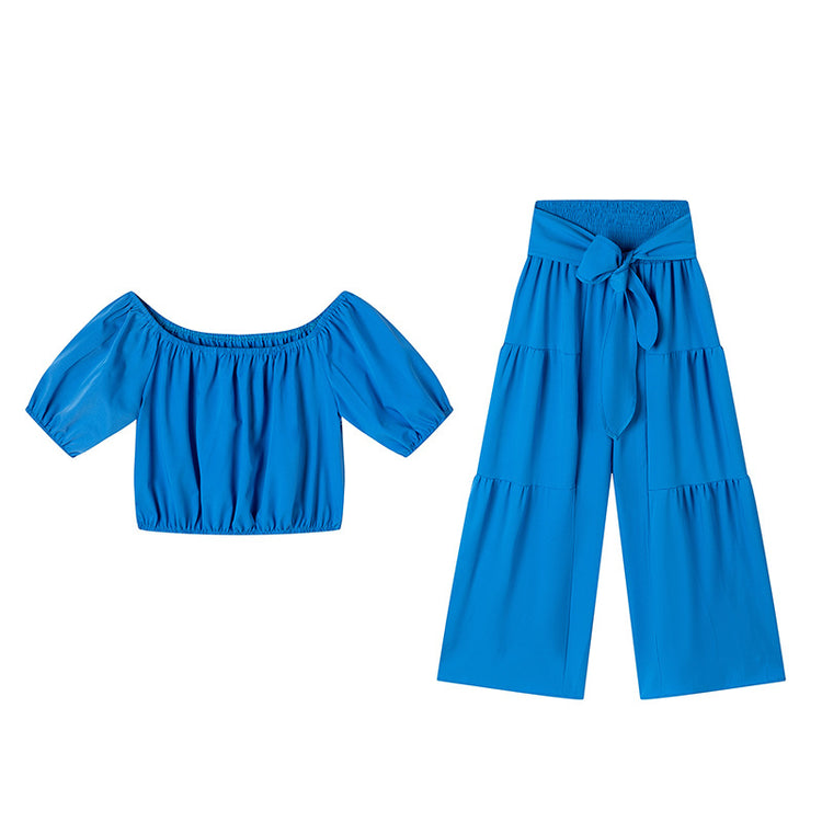 High-waisted Solid-color Flared Pants With Tie Detailing